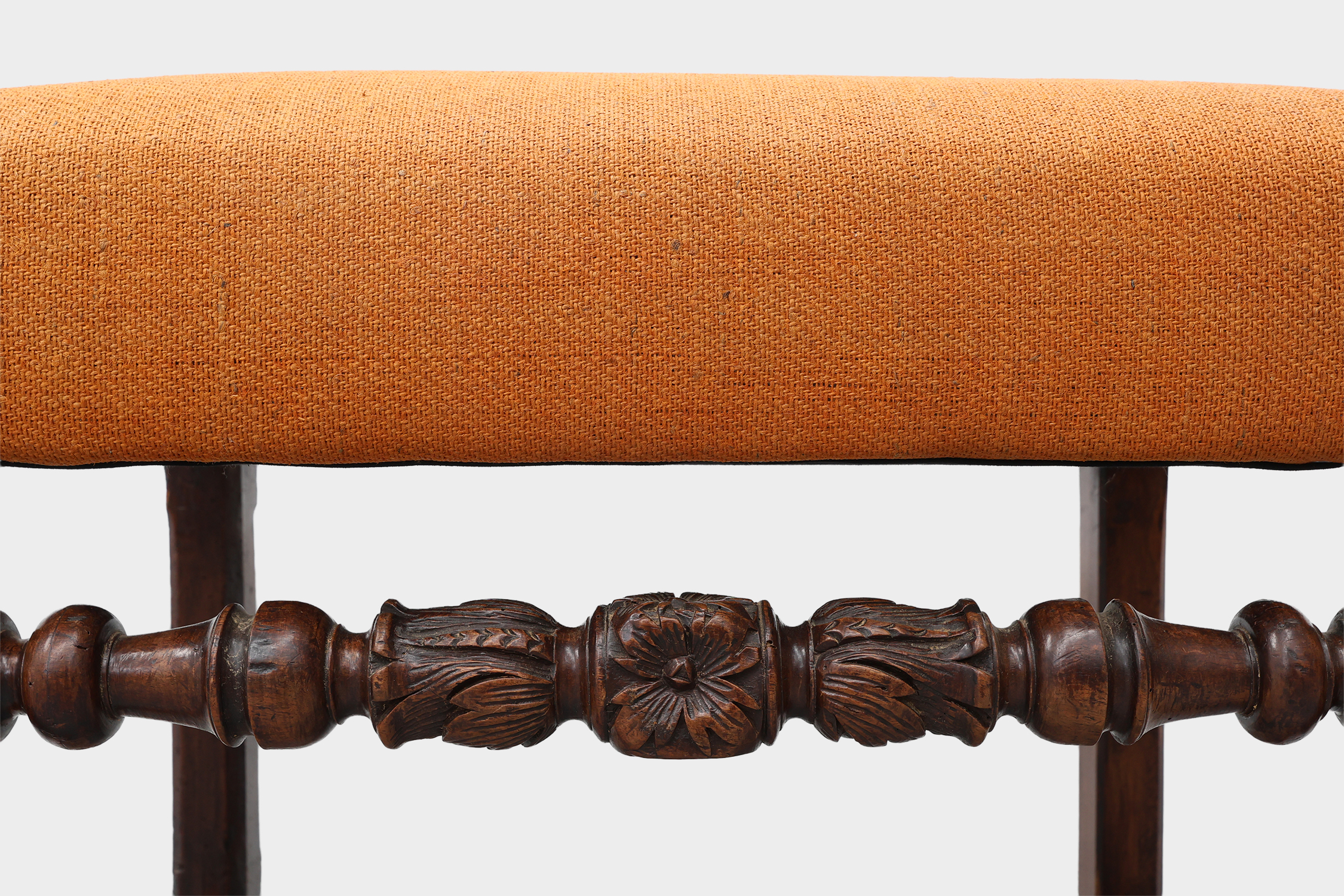 Louis XIII walnut stool with carved turned stretchers and upholstered seat, France, 17th centurythumbnail